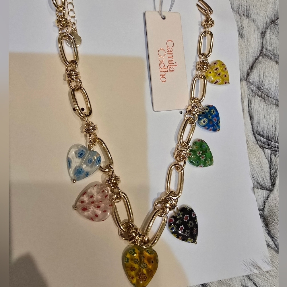 Camila Coelho Gold Necklace with Multicolor Heart Charms